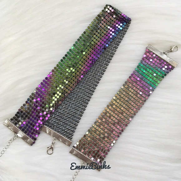 ✨3for$38 New 2 Piece Oil Slick Holographic Metallic Mesh Choker & Bracelet Set - Picture 2 of 15